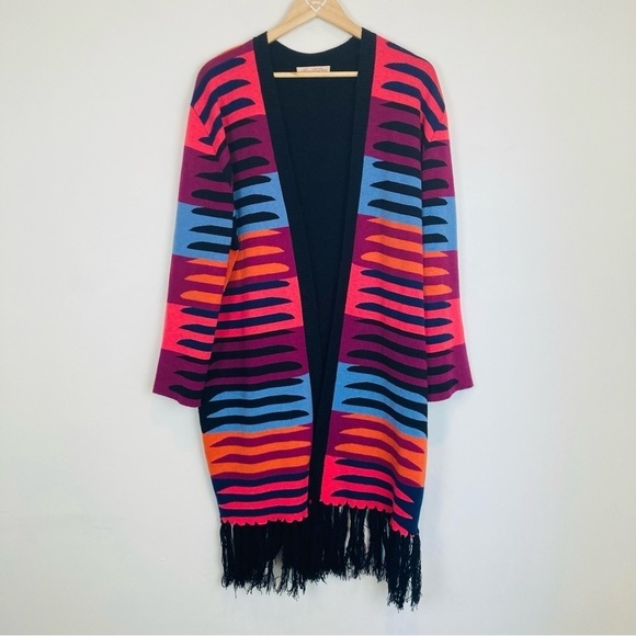 Mara Hoffman multicolor-striped fringe longline open front cardigan. - Picture 2 of 6
